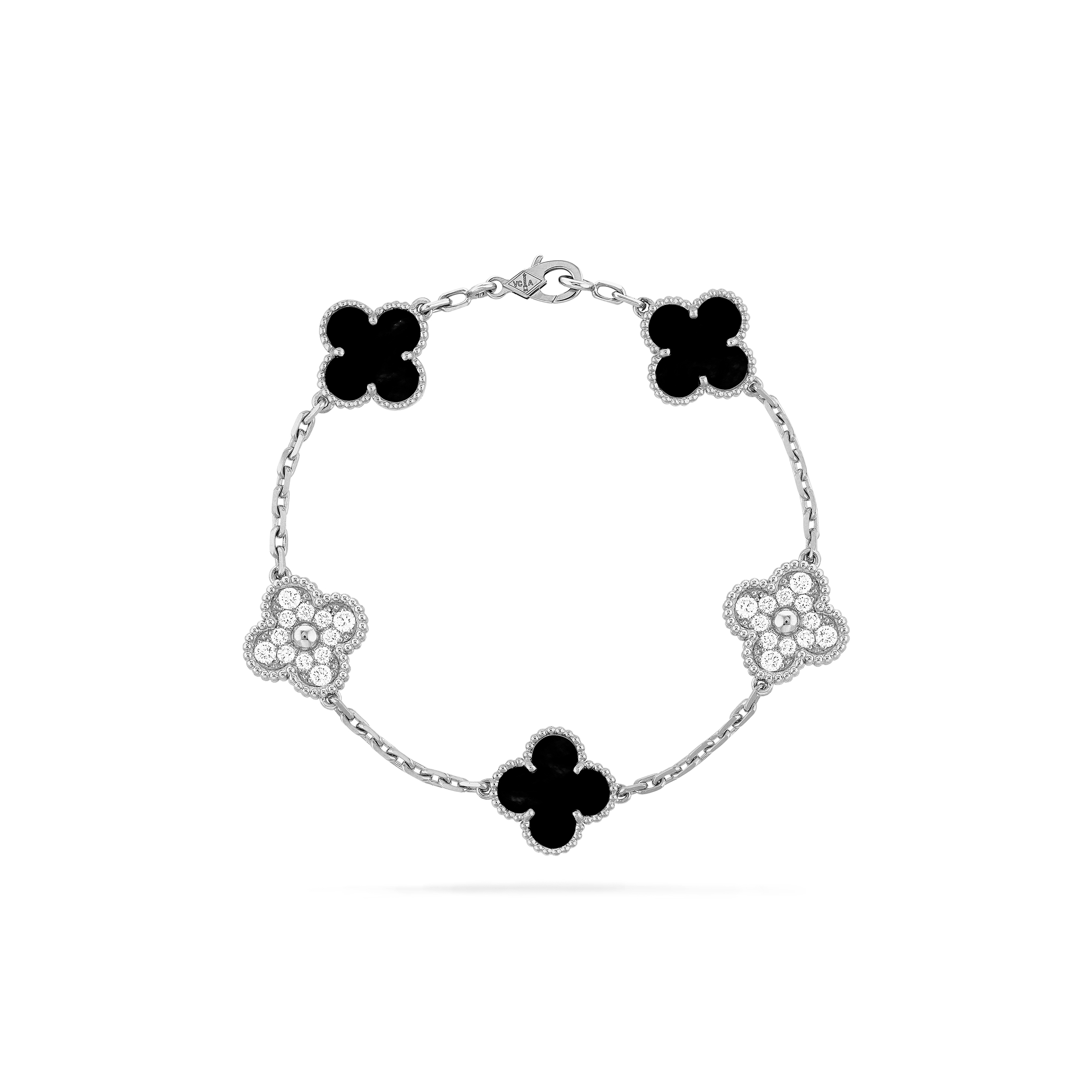 VAN CLEEF ARPELS VINTAGE ALHAMBRA BRACELET, 5 MOTIFS - WHITE GOLD, DIAMOND, ONYX  VCARP2R900